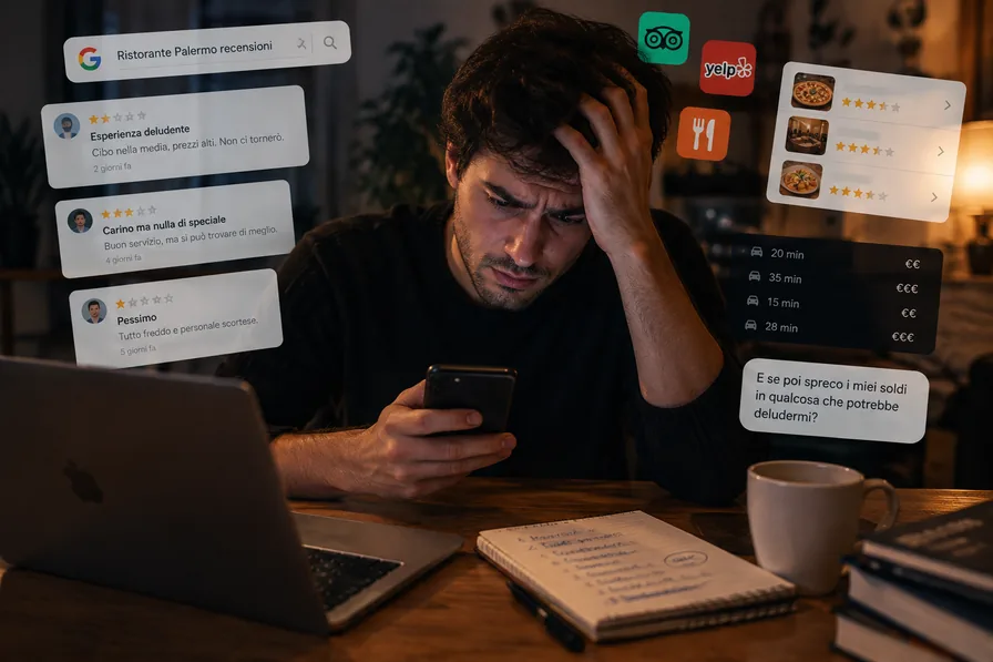 Persona indecisa e stressata mentre confronta recensioni di ristoranti